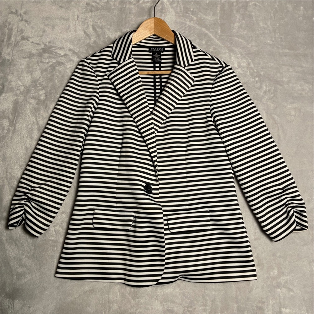 SOHO Apparel LTD Black White Striped Scrunched Sleeve Blazer Medium 5735273
